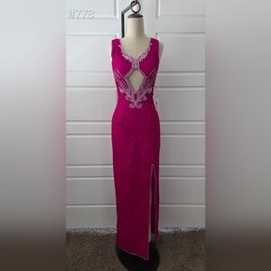 Fuchsia Pink Sleeveless Silk Beaded Evening Gown